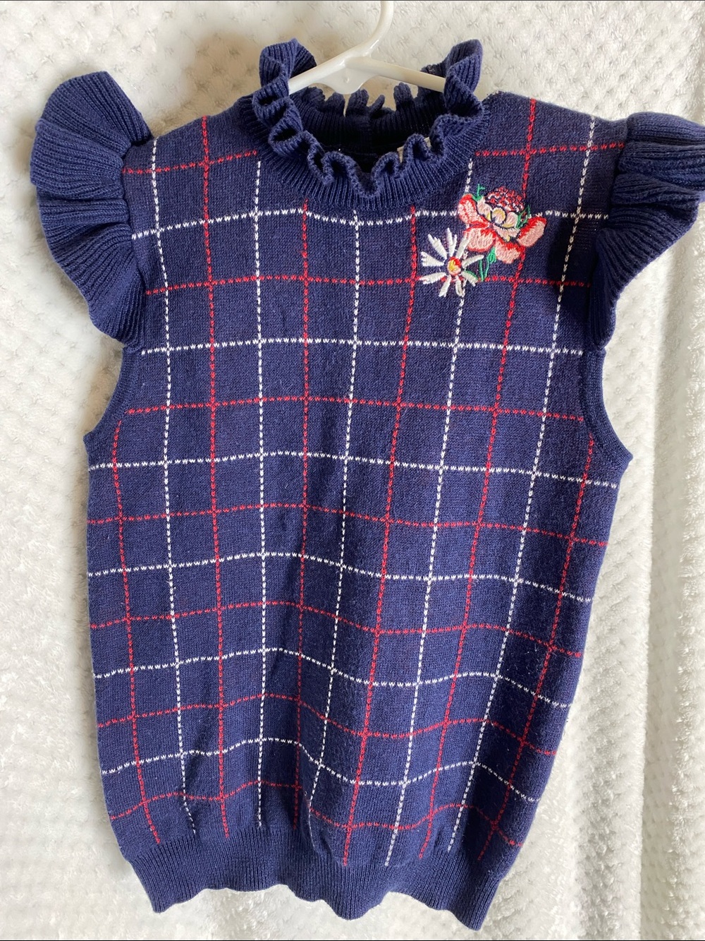 Janie and Jack Navy and Red Plaid Sweater Top With Floral Embroidery